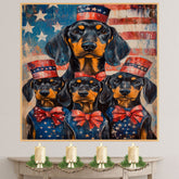 Black and Tan Coonhound Mother and Puppies in Red White and Blue Attire with American Flag and Stars Background on Ready to Hang 1.5" Thick Canvas Wrap, Floating Framed Canvas, Flat Rolled Canvas